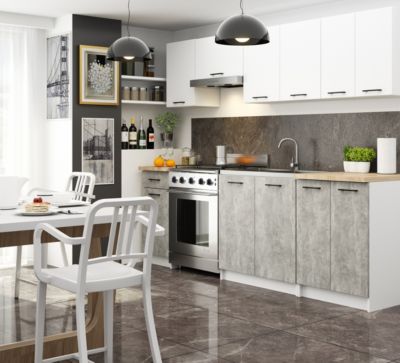 Meuble de cuisine sur pied : 1 tiroir, 1 porte, 2 étagères, blanc / béton, 40 x 85 x 46 cm