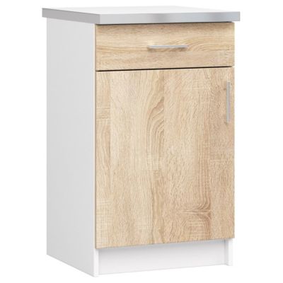 Meuble de cuisine sur pied : 1 tiroir, 1 porte, 2 étagères, blanc / Chêne Sonoma, 50 x 82 x 44,5 cm