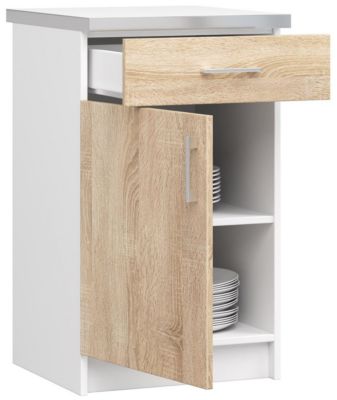 Meuble de cuisine sur pied : 1 tiroir, 1 porte, 2 étagères, blanc / Chêne Sonoma, 50 x 82 x 44,5 cm
