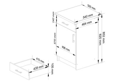 Meuble de cuisine sur pied : 1 tiroir, 1 porte, 2 étagères, blanc / Chêne Sonoma, 50 x 82 x 44,5 cm