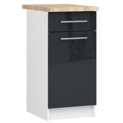 Meuble de cuisine sur pied : 1 tiroir, 1 porte, 2 étagères, blanc / graphite brillant, 40 x 85 x 46 cm