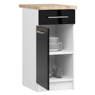 Meuble de cuisine sur pied : 1 tiroir, 1 porte, 2 étagères, blanc / graphite brillant, 40 x 85 x 46 cm