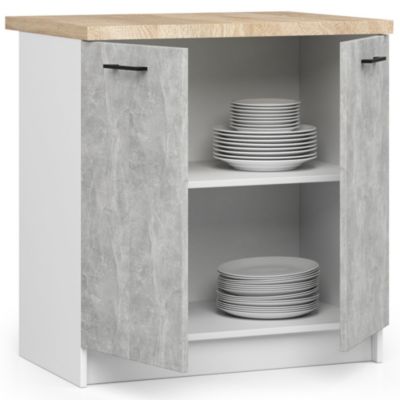 Meuble de cuisine sur pied : 2 portes, 2 étagères, blanc / béton,80 x 85 x 46 cm