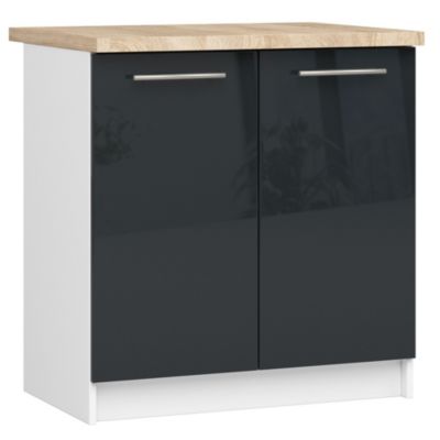 Meuble de cuisine sur pied : 2 portes, 2 étagères, blanc / graphite brillant, 80 x 85 x 46 cm