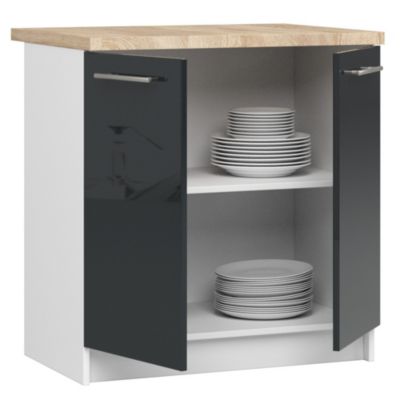 Meuble de cuisine sur pied : 2 portes, 2 étagères, blanc / graphite brillant, 80 x 85 x 46 cm