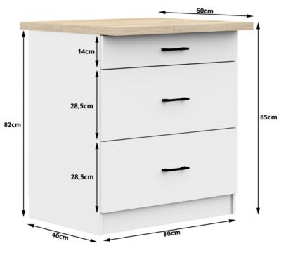 Meuble de cuisine sur pied : 3 tiroirs, blanc,80 x 85 x 46 cm
