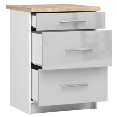 Meuble de cuisine sur pied : 3 tiroirs, blanc / brillant métallisé, 60 x 85 x 46 cm