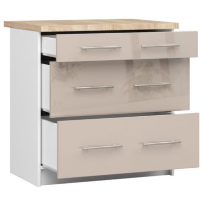 Meuble de cuisine sur pied : 3 tiroirs, blanc / cappuccino brillant,80 x 85 x 46 cm