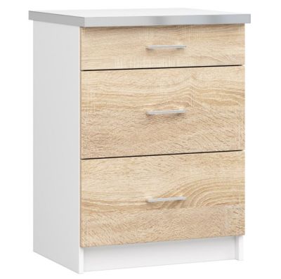 Meuble de cuisine sur pied : 3 tiroirs, blanc / Chêne Sonoma, 60 x 82 x 44,5 cm