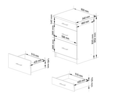 Meuble de cuisine sur pied : 3 tiroirs, blanc / Chêne Sonoma, 60 x 82 x 44,5 cm