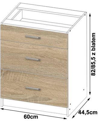 Meuble de cuisine sur pied : 3 tiroirs, blanc / Chêne Sonoma, 60 x 82 x 44,5 cm