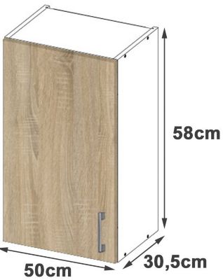 Meuble de cuisine suspendue : 1 porte, 2 étagères, blanc / Chêne Sonoma, 50 x 58 x 30,5 cm