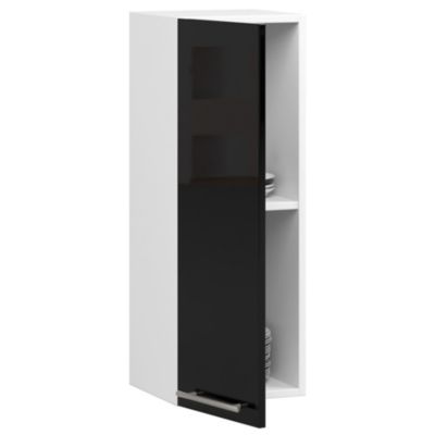 Meuble de cuisine suspendue : 1 porte, 2 étagères, blanc / noir brillant, 30 x 72 x 30 cm