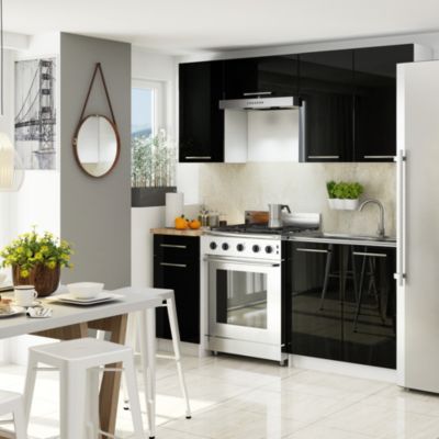 Meuble de cuisine suspendue : 1 porte, 2 étagères, blanc / noir brillant, 30 x 72 x 30 cm