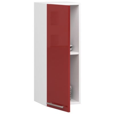 Meuble de cuisine suspendue : 1 porte, 2 étagères, blanc / rouge brillant, 30 x 72 x 30 cm