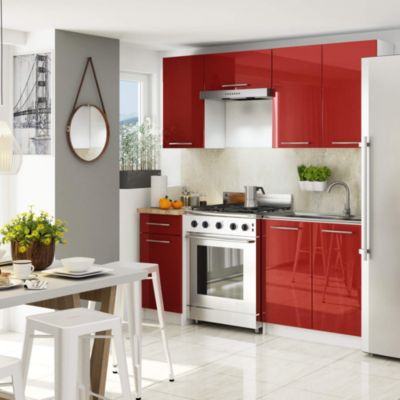 Meuble de cuisine suspendue : 1 porte, 2 étagères, blanc / rouge brillant, 30 x 72 x 30 cm