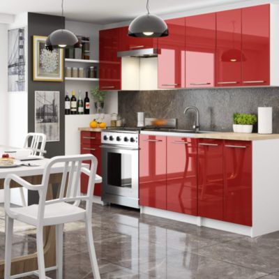 Meuble de cuisine suspendue : 1 porte, 2 étagères, blanc / rouge brillant, 30 x 72 x 30 cm