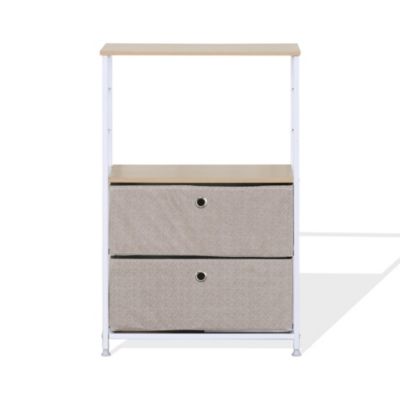 Meuble de rangement a tiroirs Bois Métal et Tissu Blanc Beige avec 1 étagère