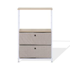 Meuble de rangement a tiroirs Bois Métal et Tissu Blanc Beige avec 1 étagère