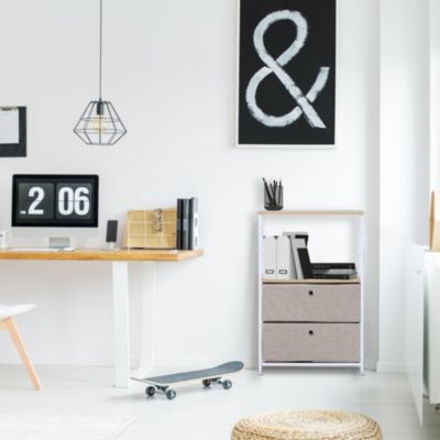 Meuble de rangement a tiroirs Bois Métal et Tissu Blanc Beige avec 1 étagère