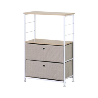 Meuble de rangement a tiroirs Bois Métal et Tissu Blanc Beige avec 1 étagère