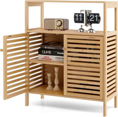 Meuble de Rangement au Sol en Bambou avec Portes à persiennes et étagères Ouvertes, 27.5P x 64l x 80H