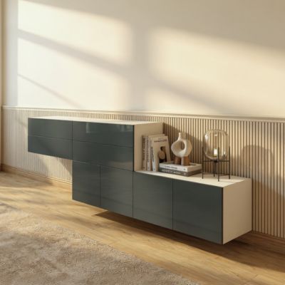 Meuble de rangement avec portes blanc et anthracite brillant GoodHome Atomia H. 75 x L. 226 x P. 37 cm