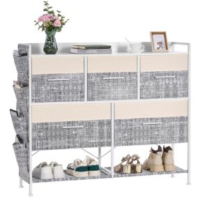 Meuble de Rangement Blanc Rustique et Gris- Commode - Armoire - 5 Tiroirs - Porte-Chaussures - Placard Tissu - Salon Chambre