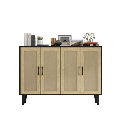 Meuble de Rangement Bois Rotin + Buffet Haut Bois Design Moderne Elégant 4 Portes Salon Chambre Bureau