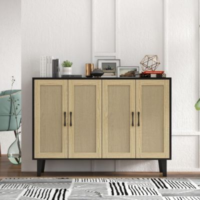 Meuble de Rangement Bois Rotin + Buffet Haut Bois Design Moderne Elégant 4 Portes Salon Chambre Bureau