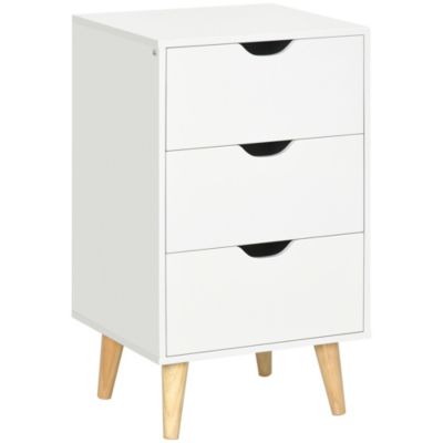 Meuble de rangement chiffonnier 3 tiroirs design scandinave piètement effilé incliné bois pin panneaux blanc