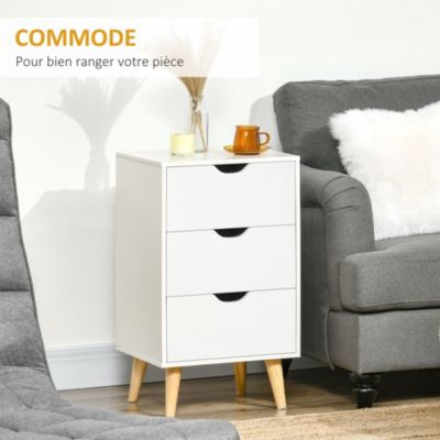 Meuble de rangement chiffonnier 3 tiroirs design scandinave piètement effilé incliné bois pin panneaux blanc