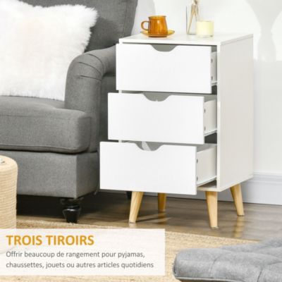 Meuble de rangement chiffonnier 3 tiroirs design scandinave piètement effilé incliné bois pin panneaux blanc