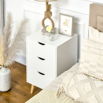 Meuble de rangement chiffonnier 3 tiroirs design scandinave piètement effilé incliné bois pin panneaux blanc