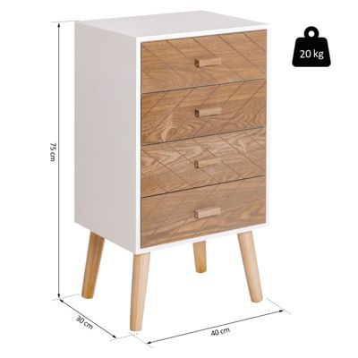 Meuble de rangement chiffonnier design scandinave 40L x 30l x 75H cm 4 tiroirs bois massif pin MDF blanc et hêtre motif graphique