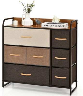Meuble de Rangement - Commode - 7 Tiroirs Tissu - Poignée Bois - Plateau Long - Cadre Acier - Anti-basculement - Entrée Chambre