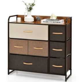 Meuble de Rangement - Commode - 7 Tiroirs Tissu - Poignée Bois - Plateau Long - Cadre Acier - Anti-basculement - Entrée Chambre