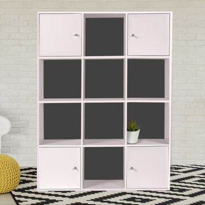 Meuble de rangement cube RUDY 12 cases bois blanc avec portes fond gris