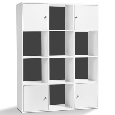 Meuble de rangement cube RUDY 12 cases bois blanc avec portes fond gris