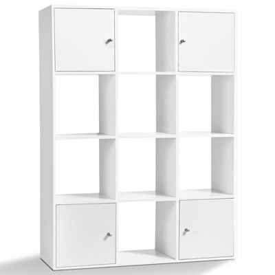 Meuble de rangement cube RUDY 12 cases bois blanc avec portes fond gris