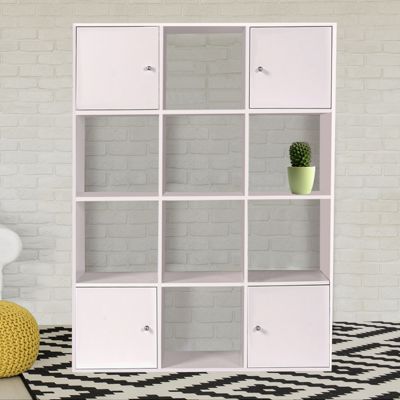 Meuble de rangement cube RUDY 12 cases bois blanc avec portes