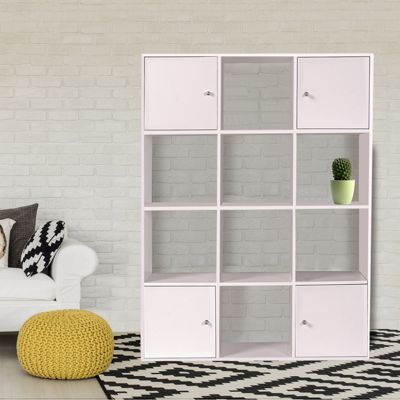 Meuble de rangement cube RUDY 12 cases bois blanc avec portes