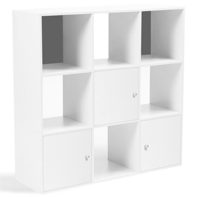 Meuble de rangement cube RUDY 9 cases bois blanc avec 3 portes fond gris