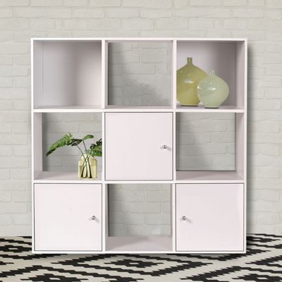 Meuble de rangement cube RUDY 9 cases bois blanc avec 3 portes