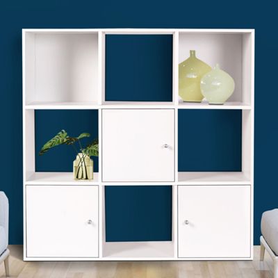 Meuble de rangement cube RUDY 9 cases bois blanc avec 3 portes