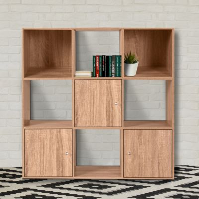 Meuble de rangement cube RUDY 9 cases bois façon hêtre avec 3 portes