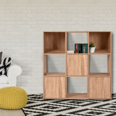 Meuble de rangement cube RUDY 9 cases bois façon hêtre avec 3 portes
