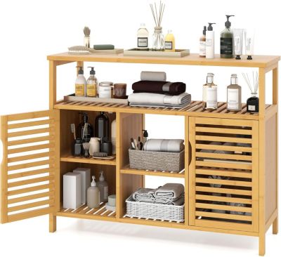 Meuble de Rangement de Salle de Bain, Autoportante en Bambou à 2 Portes avec Dispositif Anti-basculement.
