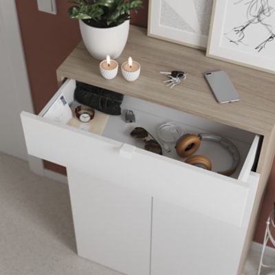 Meuble de rangement effet chêne portes battantes et tiroir blancs GoodHome Atomia H. 112,5 x L. 75 x P. 37 cm