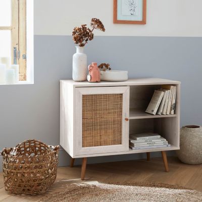 Meuble de rangement en cannage 80x39x65.8cm  Bohème - Blanc -  2 niveaux - 1 porte -  pieds scandinaves. buffet bas